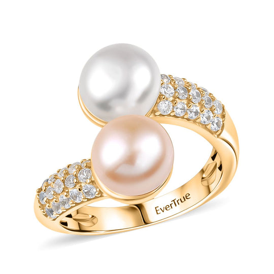 EverTrue weiße Süßwasser Perle (7,5-8 mm) und Pfirsich Süßwasser Perle (7,5-8mm) Ring, Messing mit Gelbgold E-Beschichtung
