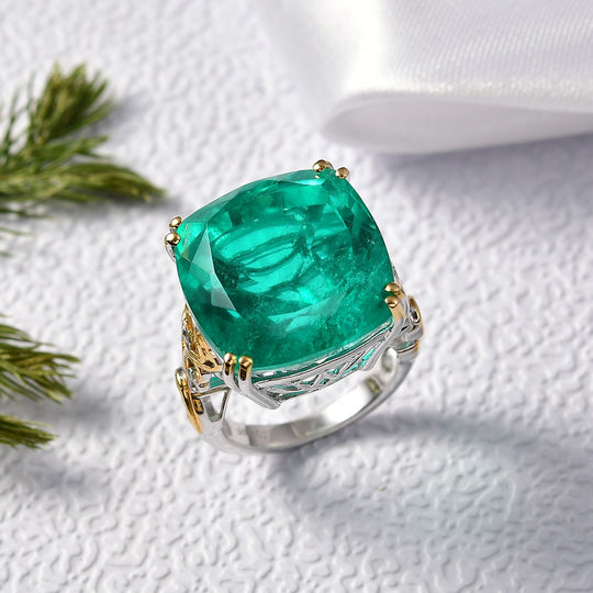 D'Joy Smaragd-Quarz Triplette Ring 925 Silber Rhodiniert und 750 Gelbgold Vermeil (Größe 17.00) ca. 28,98 ct