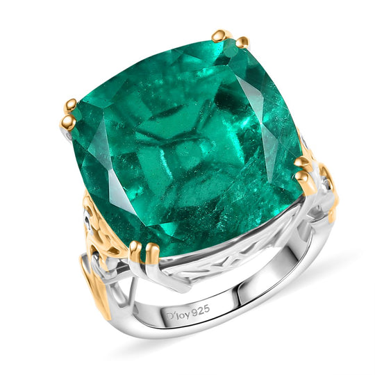 D'Joy Smaragd-Quarz Triplette Ring 925 Silber Rhodiniert und 750 Gelbgold Vermeil (Größe 17.00) ca. 28,98 ct