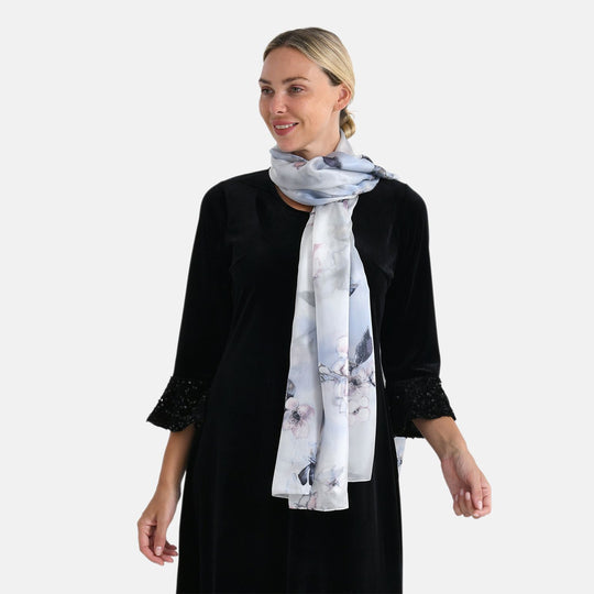 LA MAREY Signature Seidenschal aus 100% Maulbeerseide, 110 x 195 cm, Blau Grau Floral