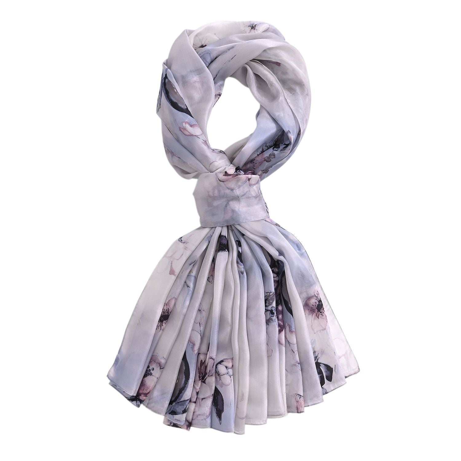 LA MAREY Signature Seidenschal aus 100% Maulbeerseide, 110 x 195 cm, Blau Grau Floral