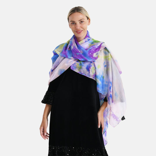 LA MAREY Signature Seidenschal aus 100% Maulbeerseide, 110 x 195 cm, Lila Floral