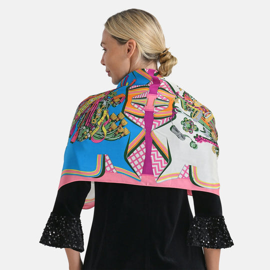 LA MAREY Signature Seidenschal aus 100% Maulbeerseide, 55 x 170 cm, Blau Floral