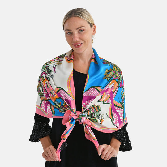 LA MAREY Signature Seidenschal aus 100% Maulbeerseide, 55 x 170 cm, Blau Floral