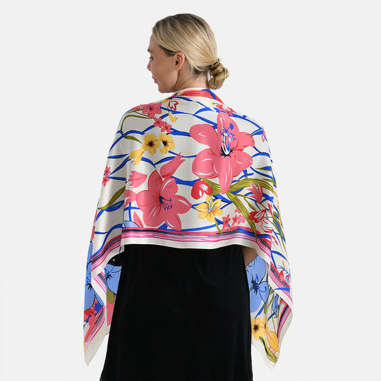 LA MAREY Signature Seidenschal aus 100% Maulbeerseide, 55 x 170 cm, Creme mit Multicolor-Print