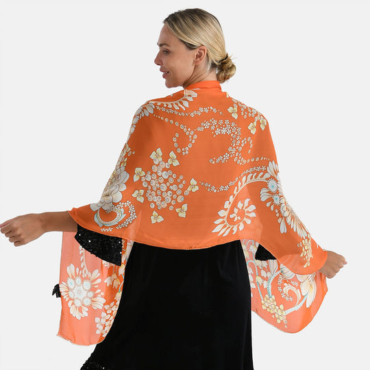 LA MAREY Signature Seidenschal aus 100% Maulbeerseide, 55 x 170 cm, Orange Floral