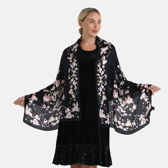 LA MAREY Signature Seidenschal aus 100% Maulbeerseide, 55 x 170 cm, Orange Floral