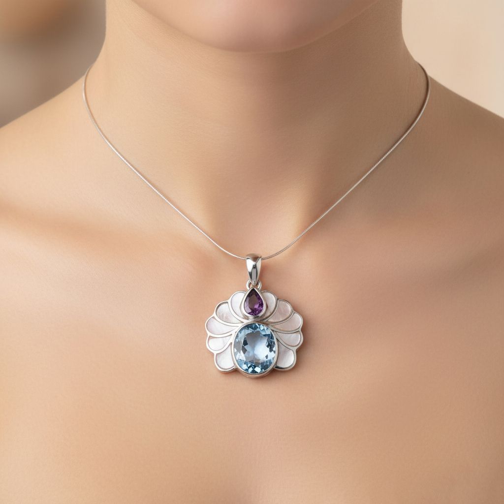 Royal Bali - D'Joy Himmelblauer Topas, Afrikanischer Amethyst Anhänger 925 Silber