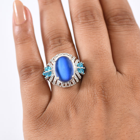 D'Joy Aurora Mondstein, Neon Apatit Ring 925 Silber rhodiniert (Größe 21.00) ca. 7,97 ct