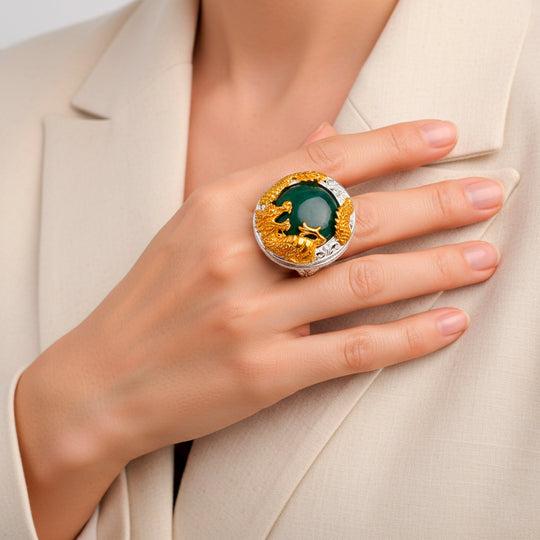 D'Joy Royal Bali EXTREM SELTEN - Natürlicher Olmek Jadeit Ring 925 Silber, 22K Gelbgold Vermeil (916), Bicolor (Größe 18.00) ca. 13.79 ct
