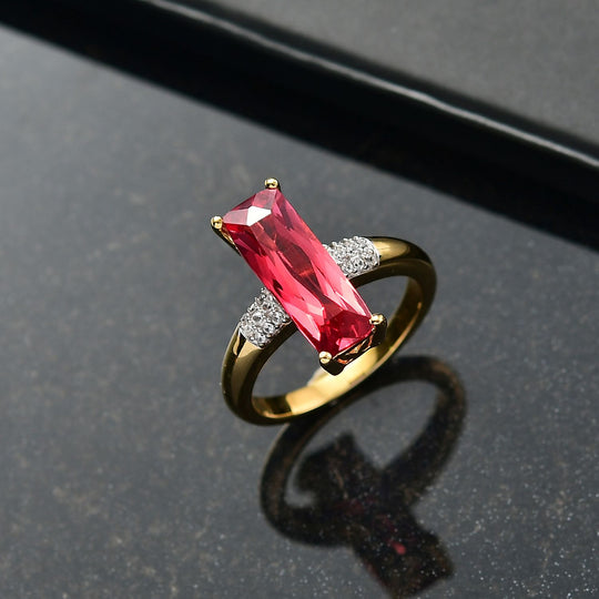 D'joy Lab Grown Padparadscha-Saphir, Weißer Zirkon Ring 925 Silber 750 Gelbgold Vermeil (Größe 21.00) ca. 5.06 ct