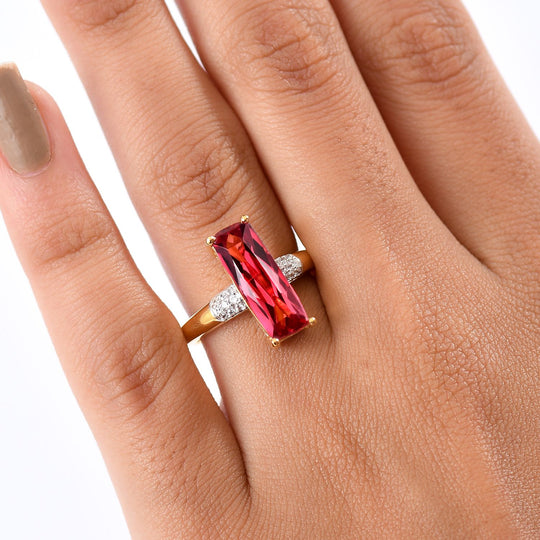 D'joy Lab Grown Padparadscha-Saphir, Weißer Zirkon Ring 925 Silber 750 Gelbgold Vermeil (Größe 21.00) ca. 5.06 ct