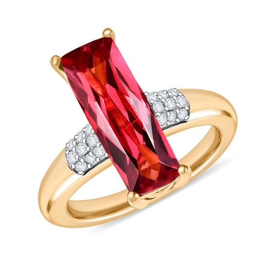 D'joy Lab Grown Padparadscha-Saphir, Weißer Zirkon Ring 925 Silber 750 Gelbgold Vermeil (Größe 21.00) ca. 5.06 ct