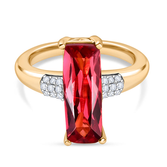 D'joy Lab Grown Padparadscha-Saphir, Weißer Zirkon Ring 925 Silber 750 Gelbgold Vermeil (Größe 21.00) ca. 5.06 ct