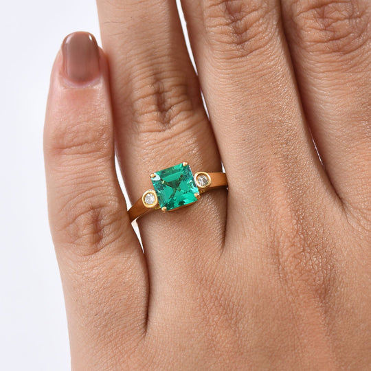 LUXURIANT DIAMOND - AAA Lab Grown Kolumbianischer Smaragd, Lab Grown Diamant Ring 925 Silber 750 Gelbgold Vermeil (Größe 20.00) ca. 1.59 ct
