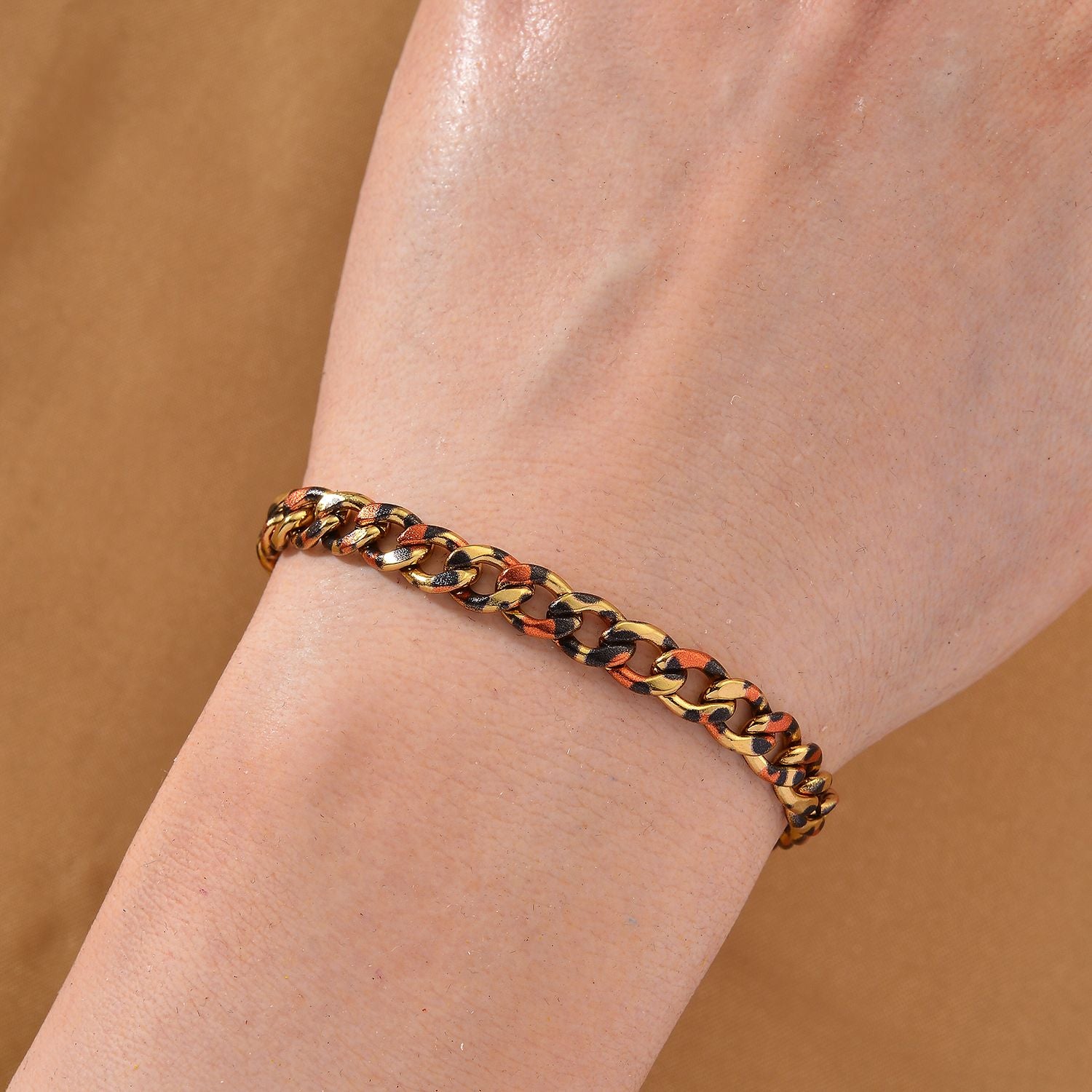 Leoparden-Print Panzer Armband aus 316L Edelstahl mit Goldplattierung, ca. 19 cm + 3.5 cm Extender