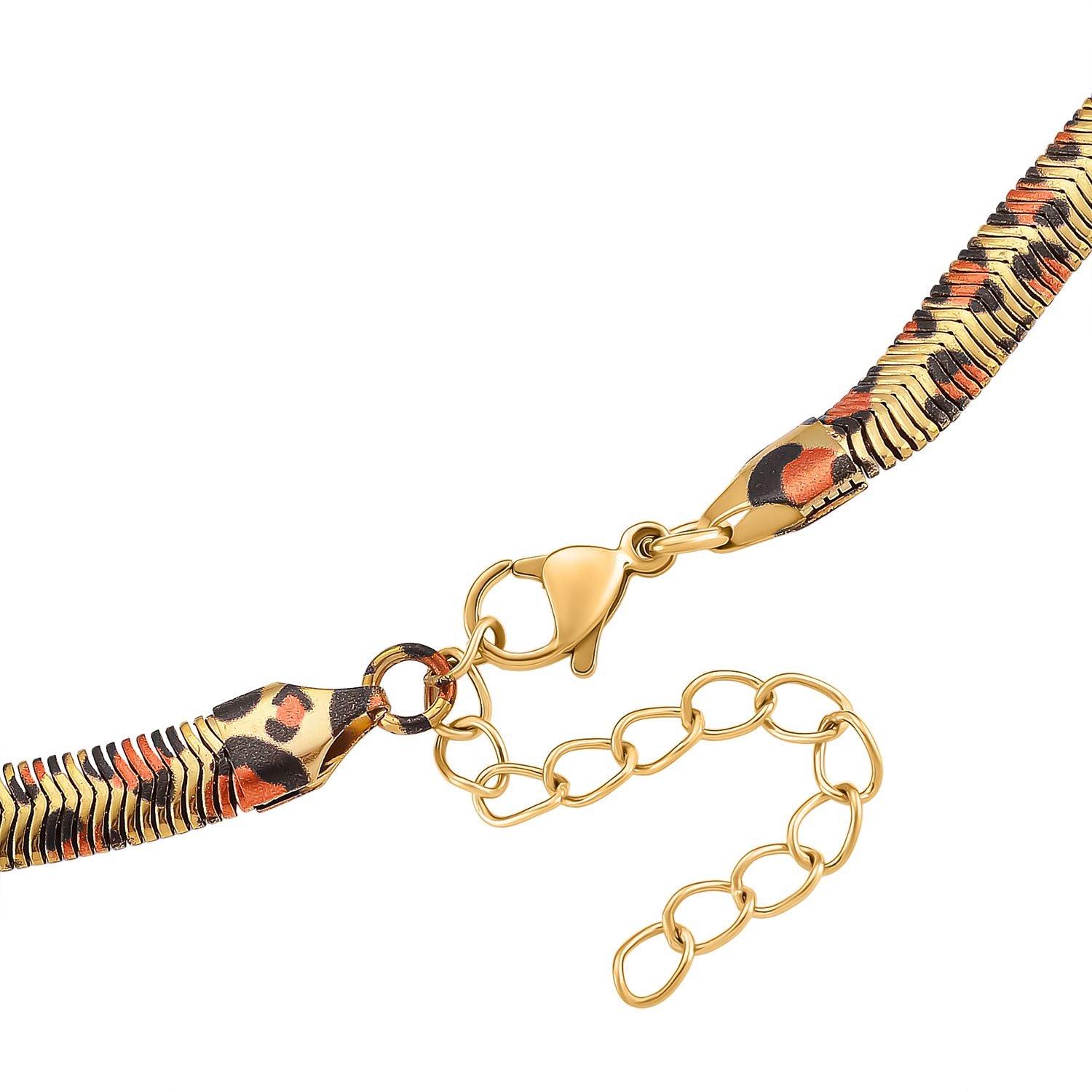 Leoparden-Print Fischgräten Halskette aus 316L Edelstahl mit Goldplattierung, ca. 50 cm + 5 cm Extender