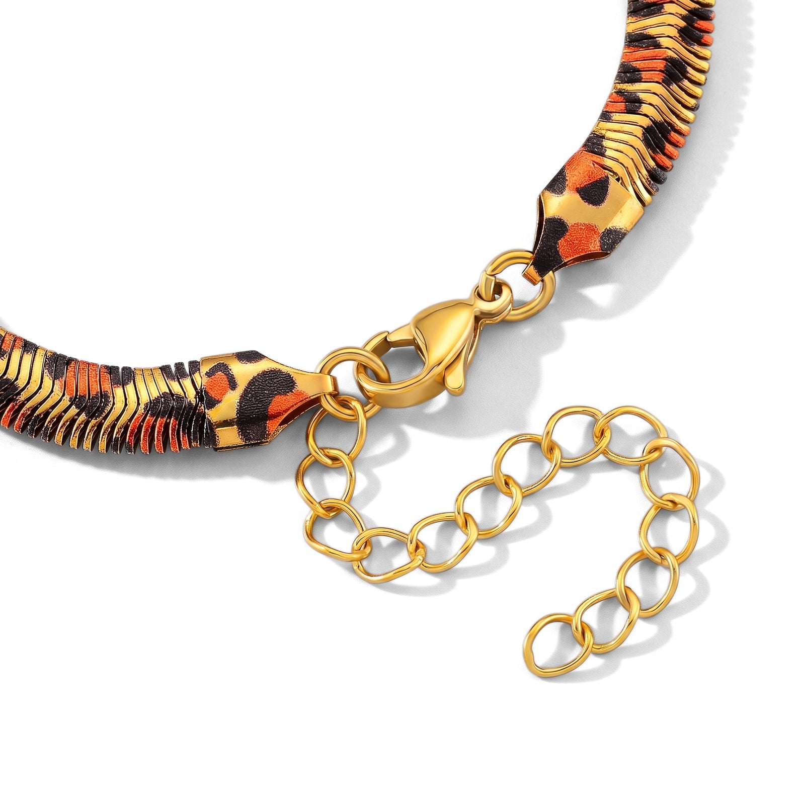 Leoparden-Print Fischgräten Armband aus 316L Edelstahl mit Goldplattierung, ca. 19 cm +3.5 cm Extender