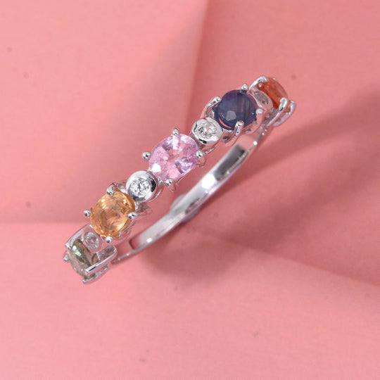 D'Joy AA Mehrfarbiger Saphir, Blauer Saphir Ring 925 Silber rhodiniert (Größe 19.00) ca. 1.26 ct