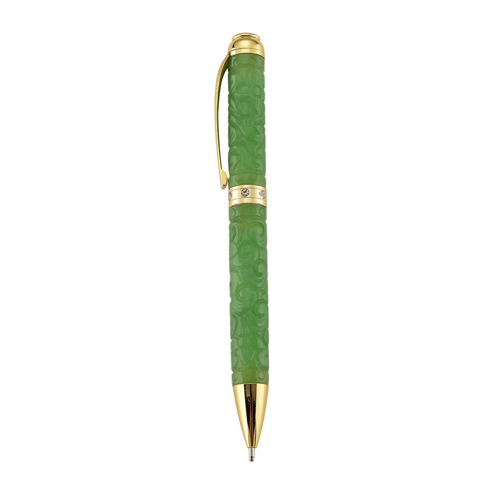 Olmek Jadeit Kugelschreiber mit Weißem Kristall und Messingdetails, 13 cm, Hellgrün