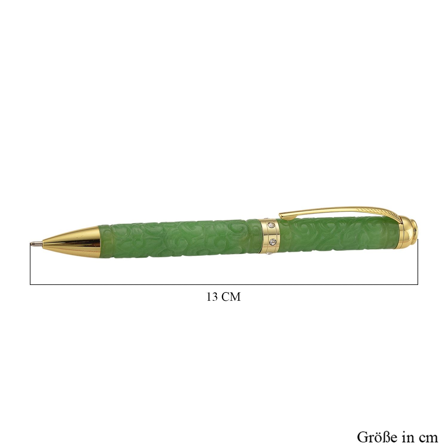 Olmek Jadeit Kugelschreiber mit Weißem Kristall und Messingdetails, 13 cm, Hellgrün