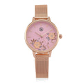 STRADA Uhr mit Japanischem PC21S Werk, Edelstahl-Mesharmband, florales Zifferblatt Rosa mit Weißem Kristall, Rosévergoldet