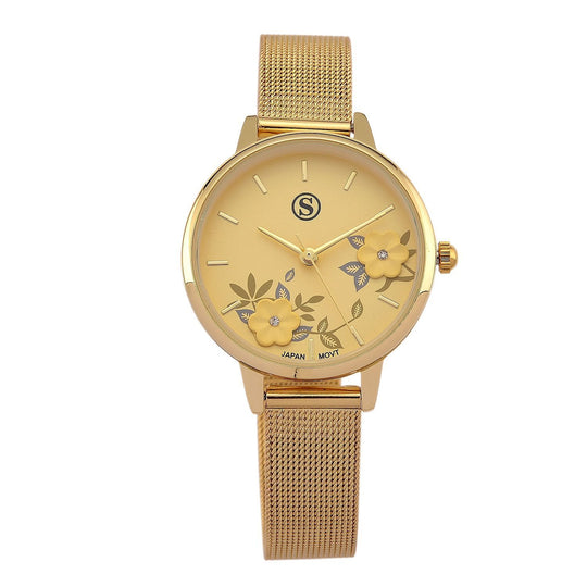 STRADA Uhr mit Japanischem PC21S Werk, Edelstahl-Mesharmband Blau, Gehäuse Roségoldfarben, florales Zifferblatt Weiß mit Weißem Kristall