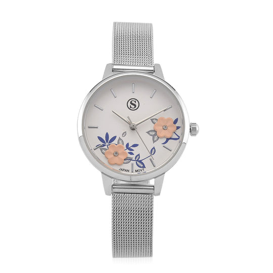 STRADA Uhr mit Japanischem PC21S Werk, Edelstahl-Mesharmband Blau, Gehäuse Roségoldfarben, florales Zifferblatt Weiß mit Weißem Kristall
