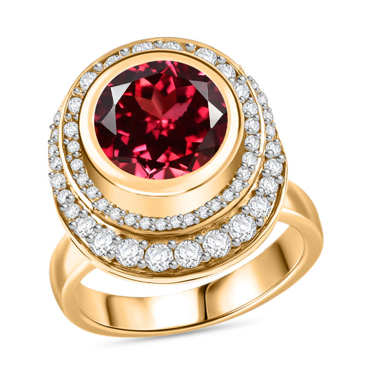 D'joy Lab Grown Padparadscha-Saphir, Weißer Zirkon Ring 925 Silber 750 Gelbgold Vermeil (Größe 17.00) ca. 6.39 ct