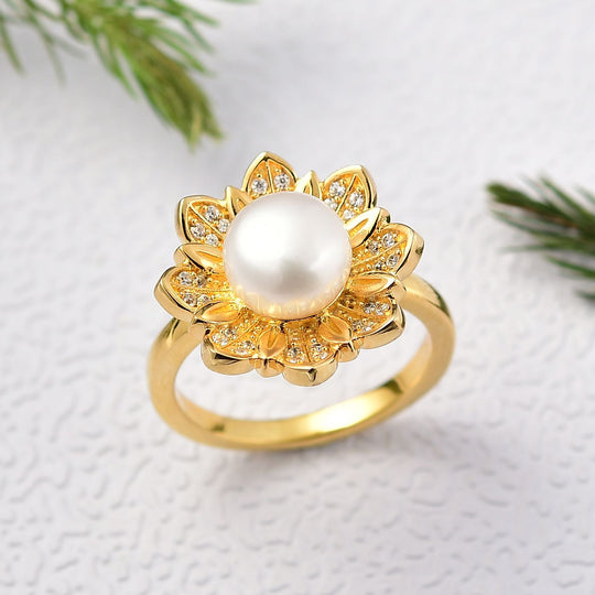 EverTrue Süßwasser Perle (10-10,5mm) und weißer Zirkon Ring, Messing mit Gelbgold E-Beschichtung