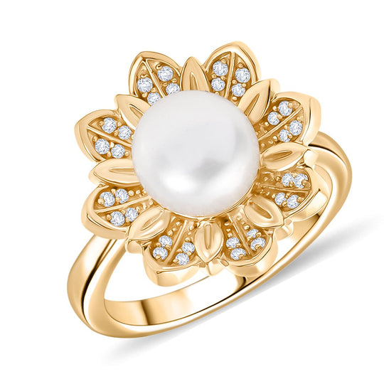 EverTrue Süßwasser Perle (10-10,5mm) und weißer Zirkon Ring, Messing mit Gelbgold E-Beschichtung