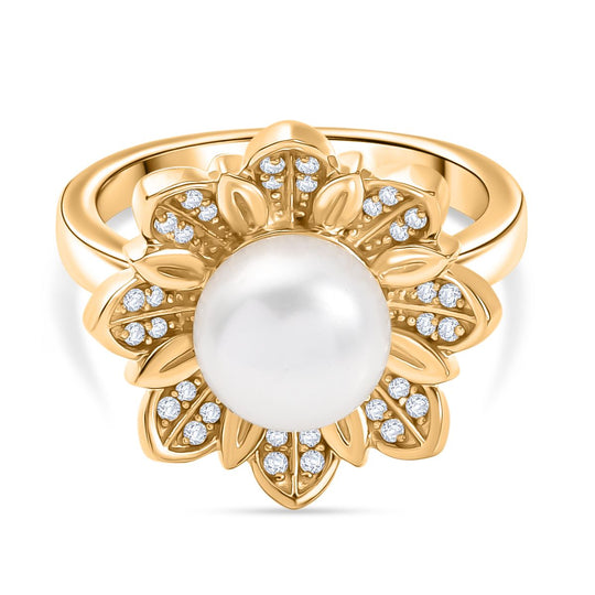 EverTrue Süßwasser Perle (10-10,5mm) und weißer Zirkon Ring, Messing mit Gelbgold E-Beschichtung