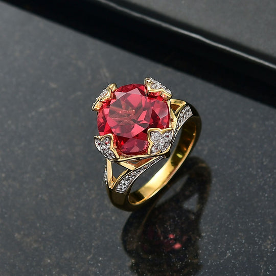D'joy Lab Grown Padparadscha-Saphir, Weißer Zirkon Ring 925 Silber 750 Gelbgold Vermeil (Größe 17.00) ca. 9.59 ct
