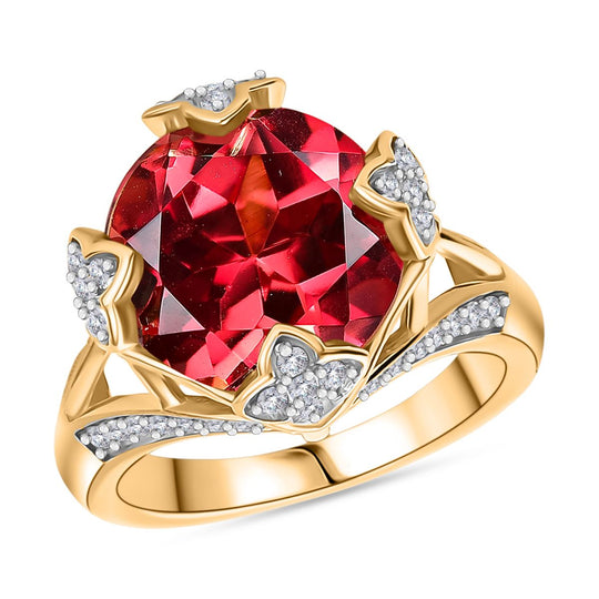 D'joy Lab Grown Padparadscha-Saphir, Weißer Zirkon Ring 925 Silber 750 Gelbgold Vermeil (Größe 17.00) ca. 9.59 ct