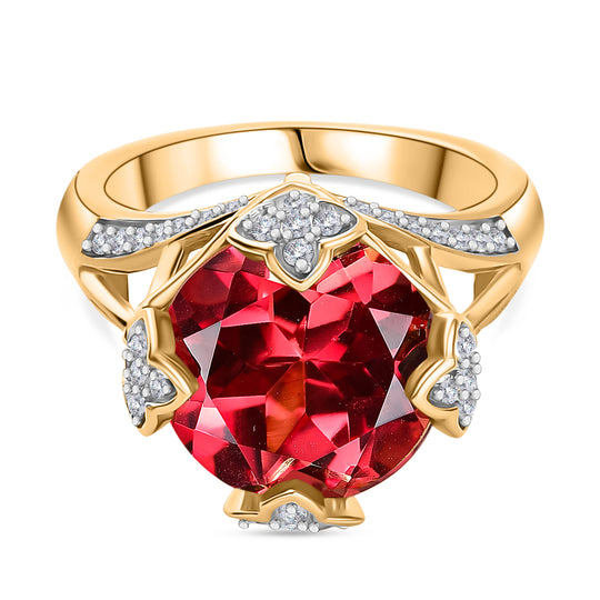 D'joy Lab Grown Padparadscha-Saphir, Weißer Zirkon Ring 925 Silber 750 Gelbgold Vermeil (Größe 17.00) ca. 9.59 ct