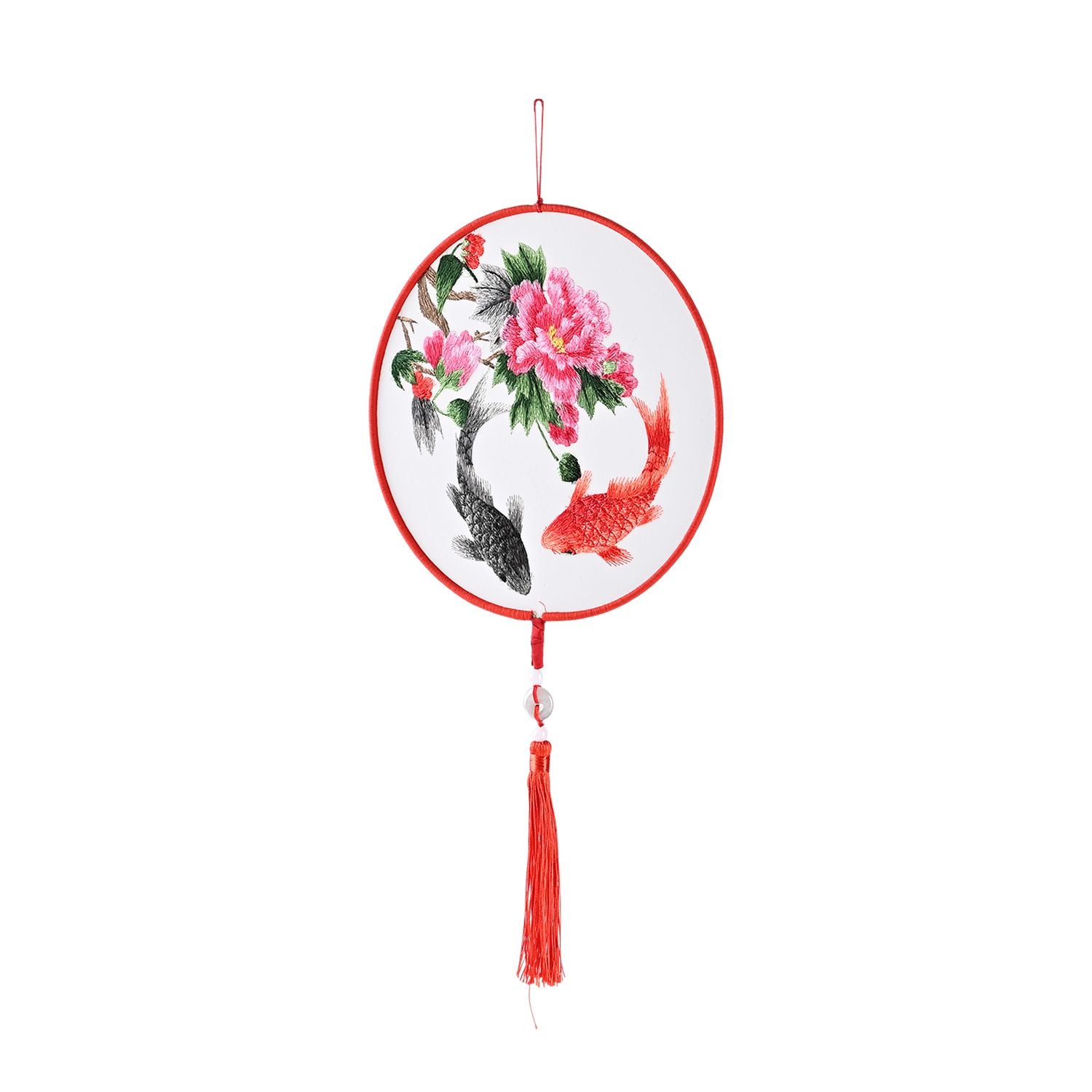 LIVMORE - Handstickerei-Wanddekoration aus 100% Seide mit Jade-Quaste, 20 cm, Koi- und Pfingstrosen-Motiv
