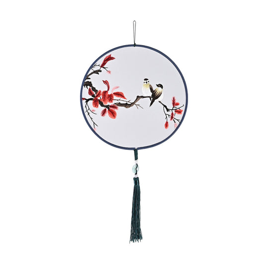 LIVMORE - Handstickerei-Wanddekoration aus 100% Seide mit Jade-Quaste, 20 cm, Vogel- und Blüten-Motiv