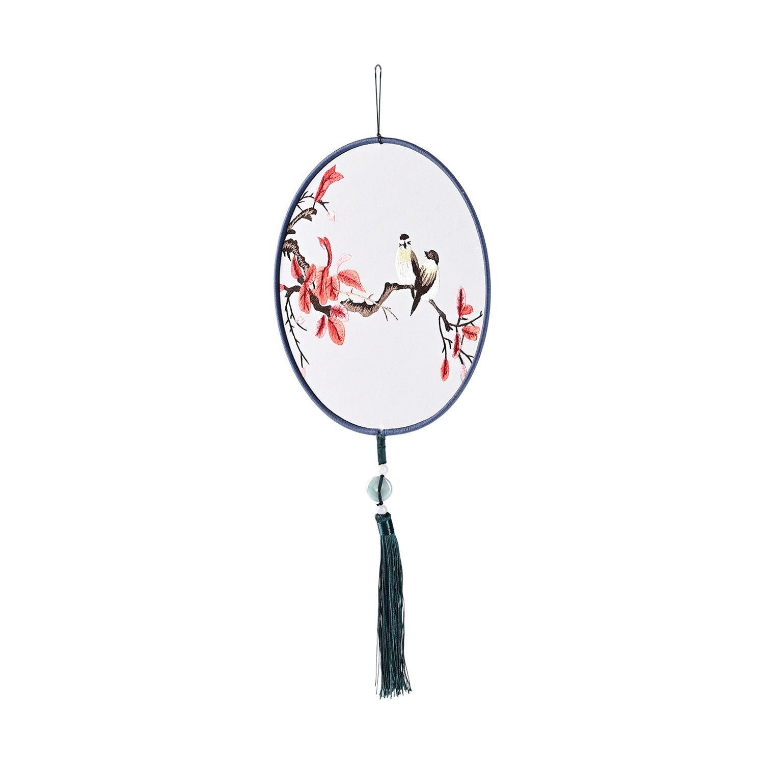 LIVMORE - Handstickerei-Wanddekoration aus 100% Seide mit Jade-Quaste, 20 cm, Vogel- und Blüten-Motiv
