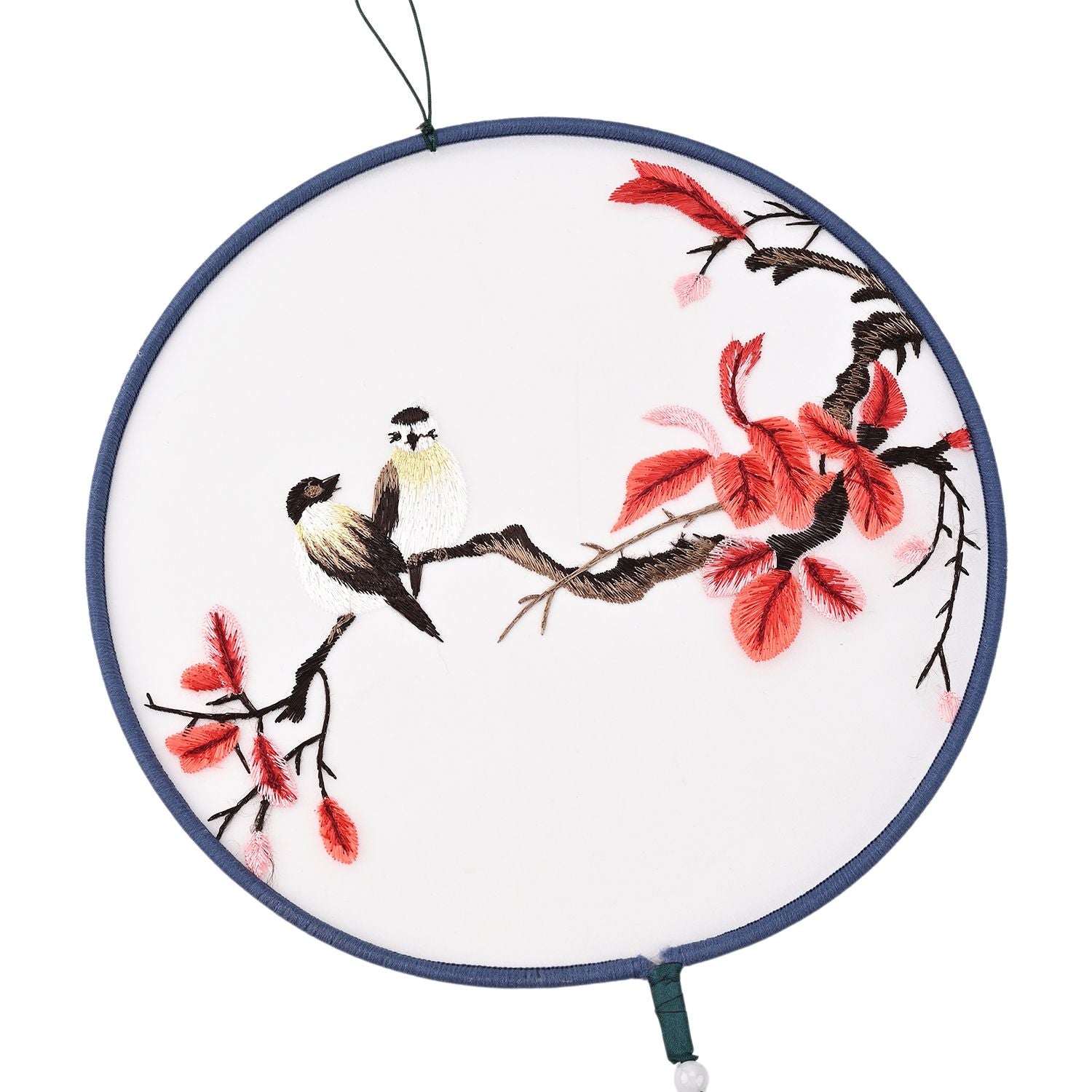 LIVMORE - Handstickerei-Wanddekoration aus 100% Seide mit Jade-Quaste, 20 cm, Vogel- und Blüten-Motiv