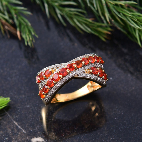 D'Joy AAA Blaze Feueropal, Weißer Zirkon Ring 925 Silber 750 Gelbgold Vermeil (Größe 18.00) ca. 1.55 ct