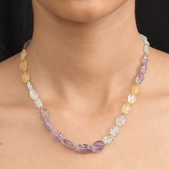 Aquamarin, Afrikanischer Amethyst, Citrin Halskette ca. 45 cm mit 5 cm extender, 925 Silber 750 Gelbgold Vermeil ca. 130.00 ct