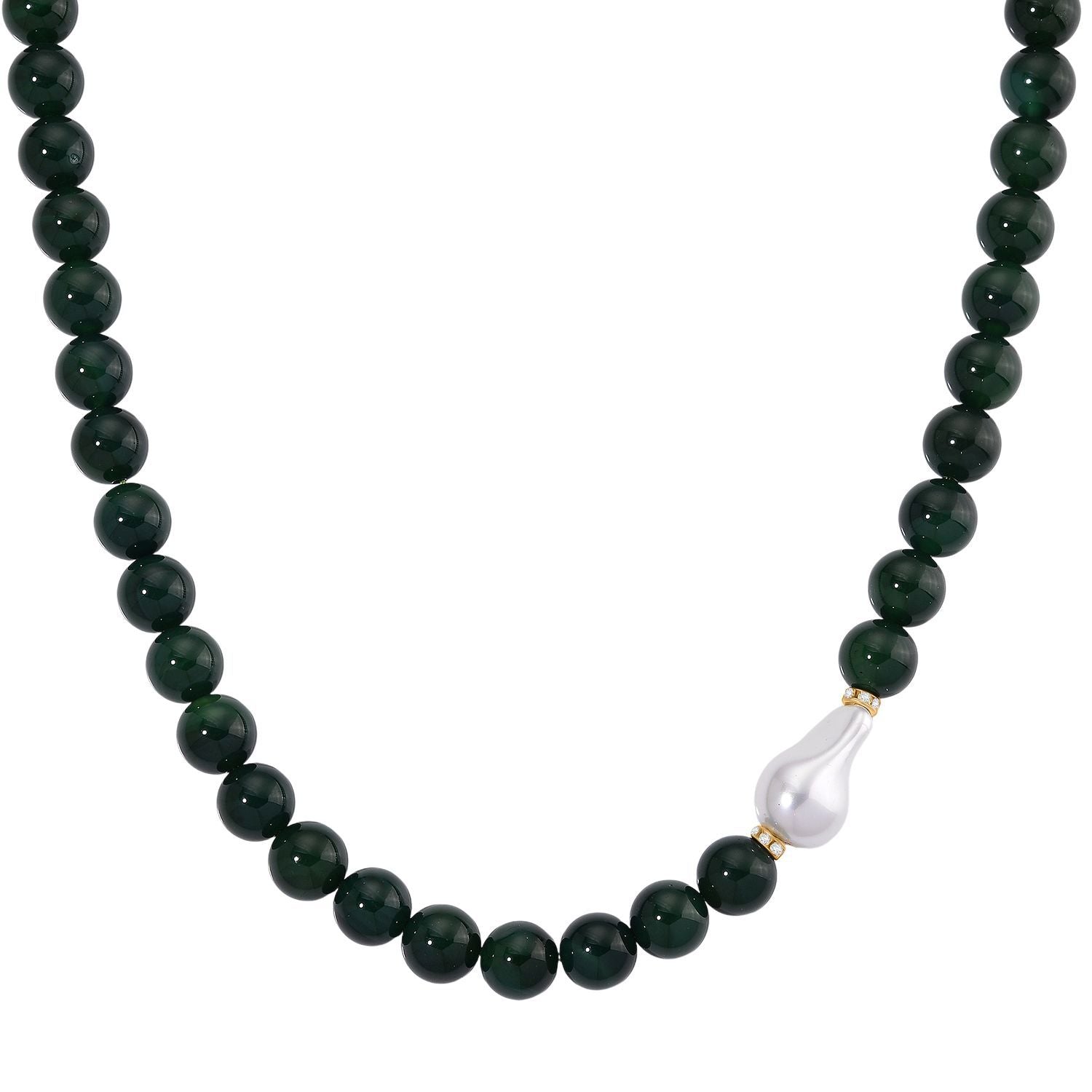 Verde Onyx, Weiße Muschelkernperle, Weißer Zirkonia Halskette ca. 50 cm Reiner Edelstahl Standard gelb vergoldet