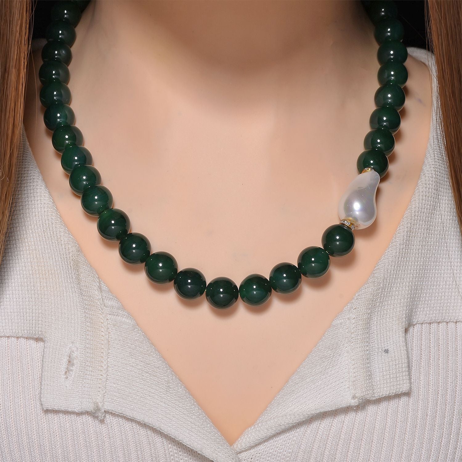 Verde Onyx, Weiße Muschelkernperle, Weißer Zirkonia Halskette ca. 50 cm Reiner Edelstahl Standard gelb vergoldet