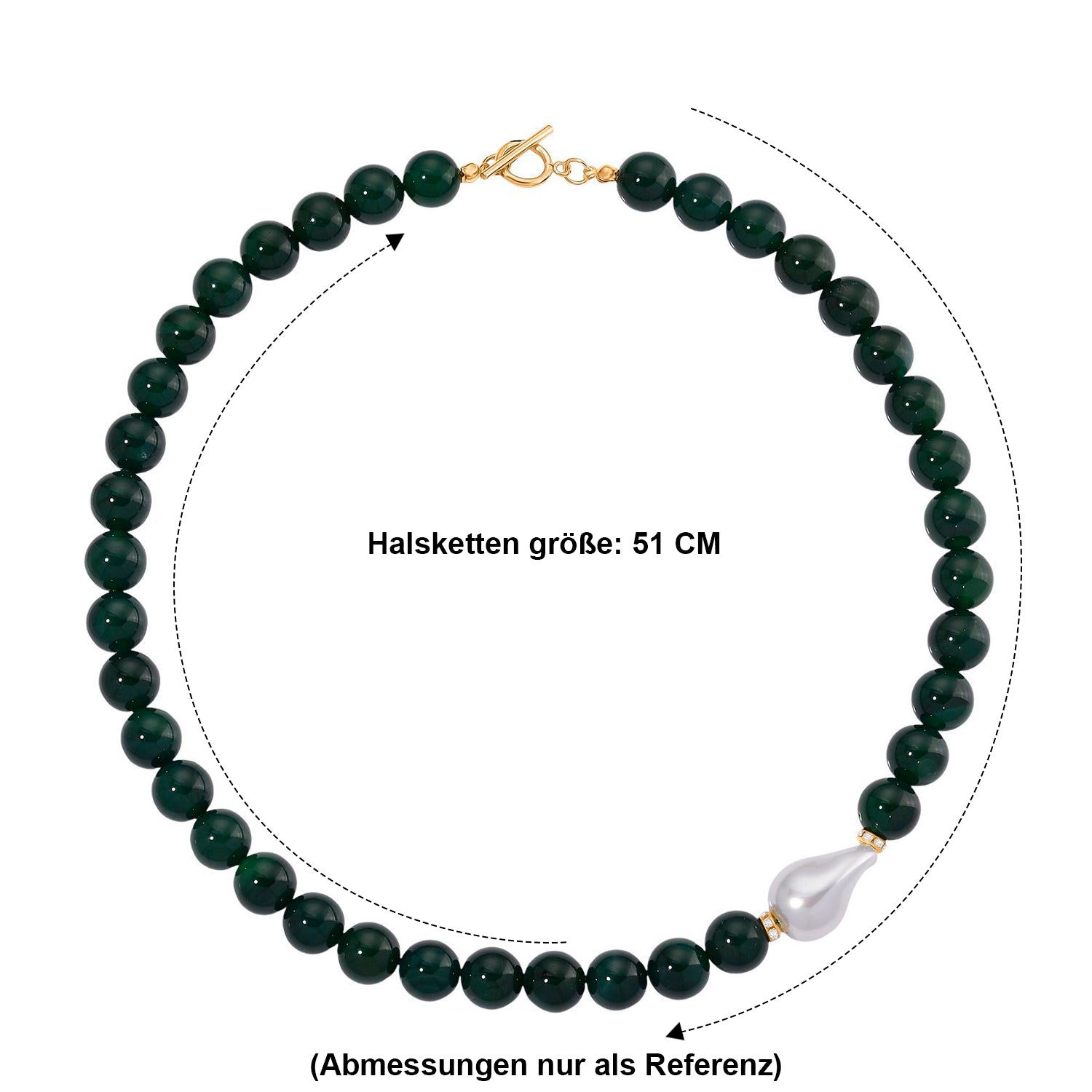 Verde Onyx, Weiße Muschelkernperle, Weißer Zirkonia Halskette ca. 50 cm Reiner Edelstahl Standard gelb vergoldet