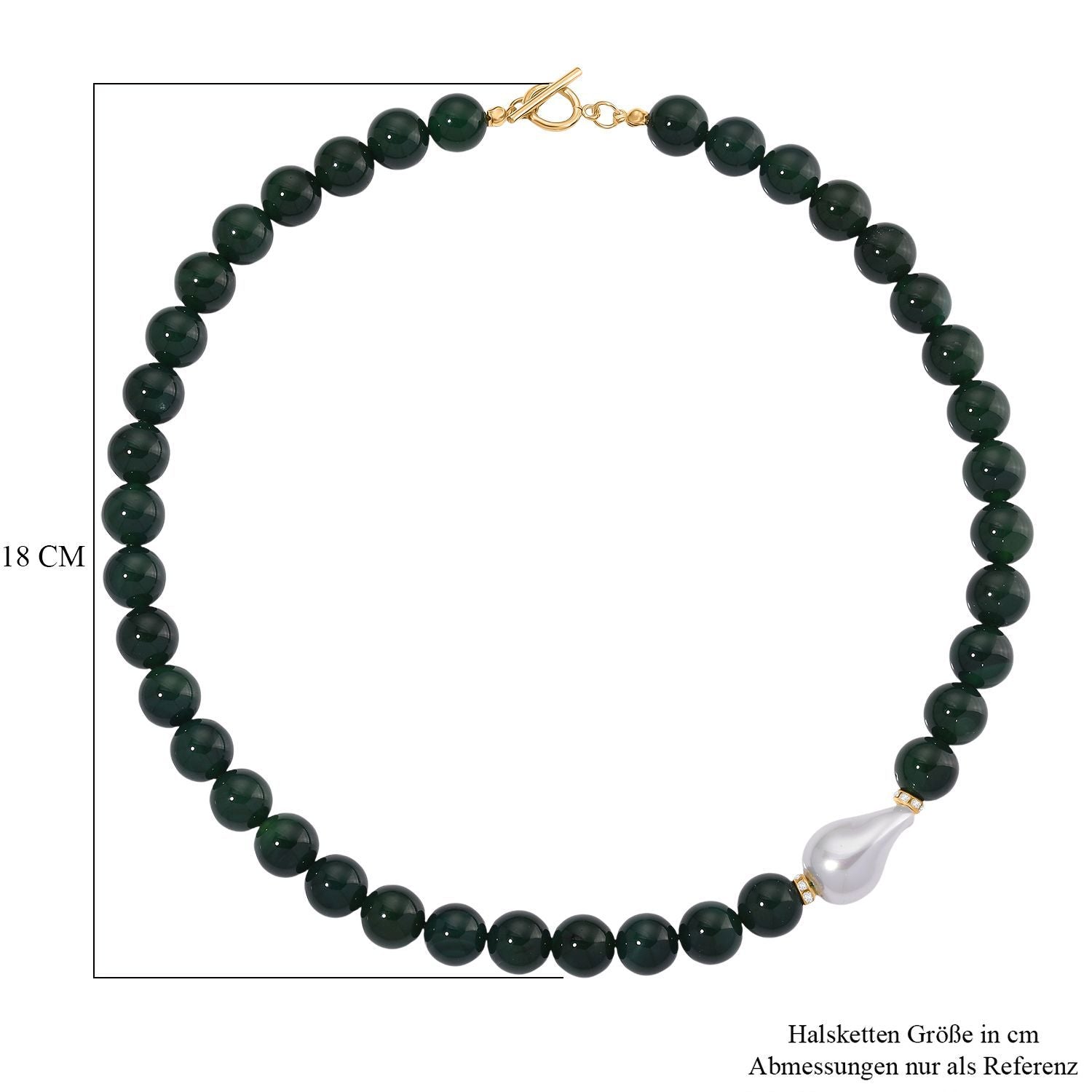 Verde Onyx, Weiße Muschelkernperle, Weißer Zirkonia Halskette ca. 50 cm Reiner Edelstahl Standard gelb vergoldet