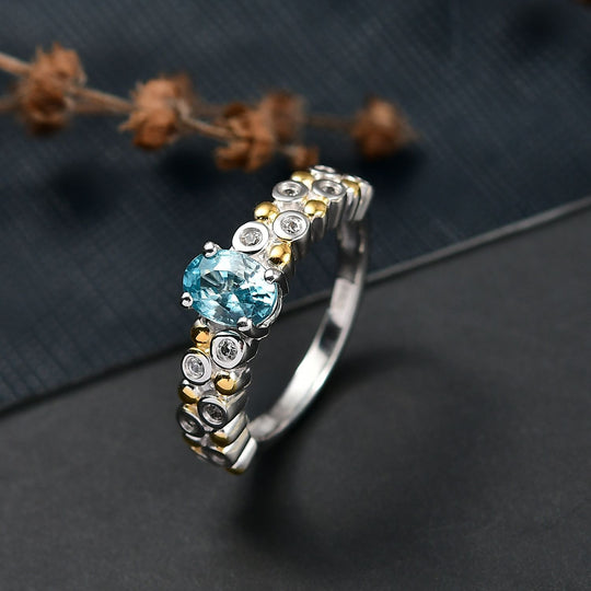 D'Joy AA Blauer Zirkon, Weißer Zirkon Ring 925 Silber platiniert und vergoldet (Größe 17.00) ca. 1,55 ct