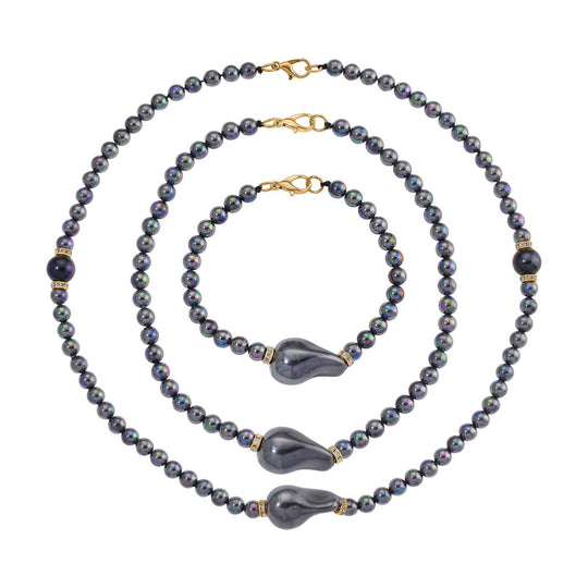 3er-Set Sleeping Beauty Türkisfarbe Muschelkernperle und weiße Kristall Armband 19cm und Halsketten 40cm und 50cm, Legierung vergoldet