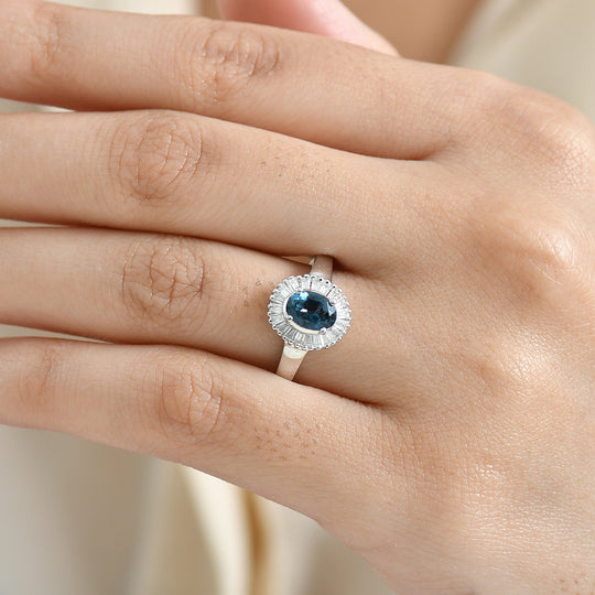 D'Joy London Blau Topas, Moissanit Ring 925 Silber rhodiniert (Größe 18.00) ca. 1.42 ct
