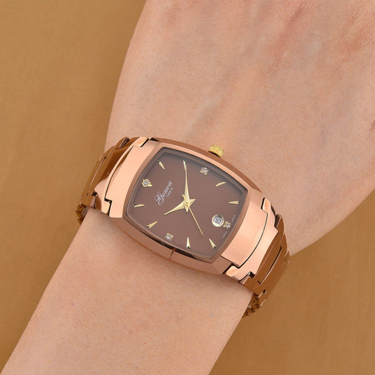 GENOA - Armbanduhr mit Datumsanzeige, Japanische-Uhrwerk mit Weißer Kristall, Wolframstahlgehäuse, Reiner Edeslstahl, Goldfarben