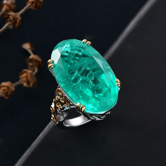 D'Joy Smaragd-Quarz Triplette Ring 925 Silber Rhodiniert und 750 Gelbgold Vermeil (Größe 20.00) ca. 28,03 ct